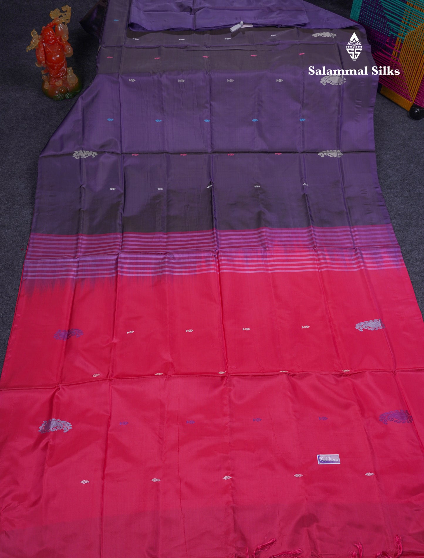 Dark Violet Thread work Buttas Banana Pinth Saree (Vaazhainaar Pattu) With Contrast Pink Blouse