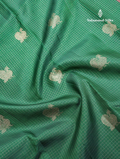 Bottle Green Beautiful Checks And Buttas Pure Kanjivaram Silk Saree Pure Zari with Traditional Red Korvai Border