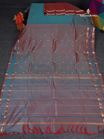 Semi Silk Saree - Orange Colour Body Zari Checks With Butta & Traditional Rettapet Border
