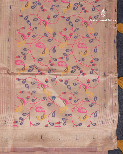 Beautiful Light Pink Muga Cotton Saree With Fancy Border