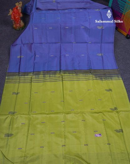 Royal Blue Thread work Buttas Banana Pinth Saree (Vaazhainaar Pattu) With Contrast Parrot Green Blouse