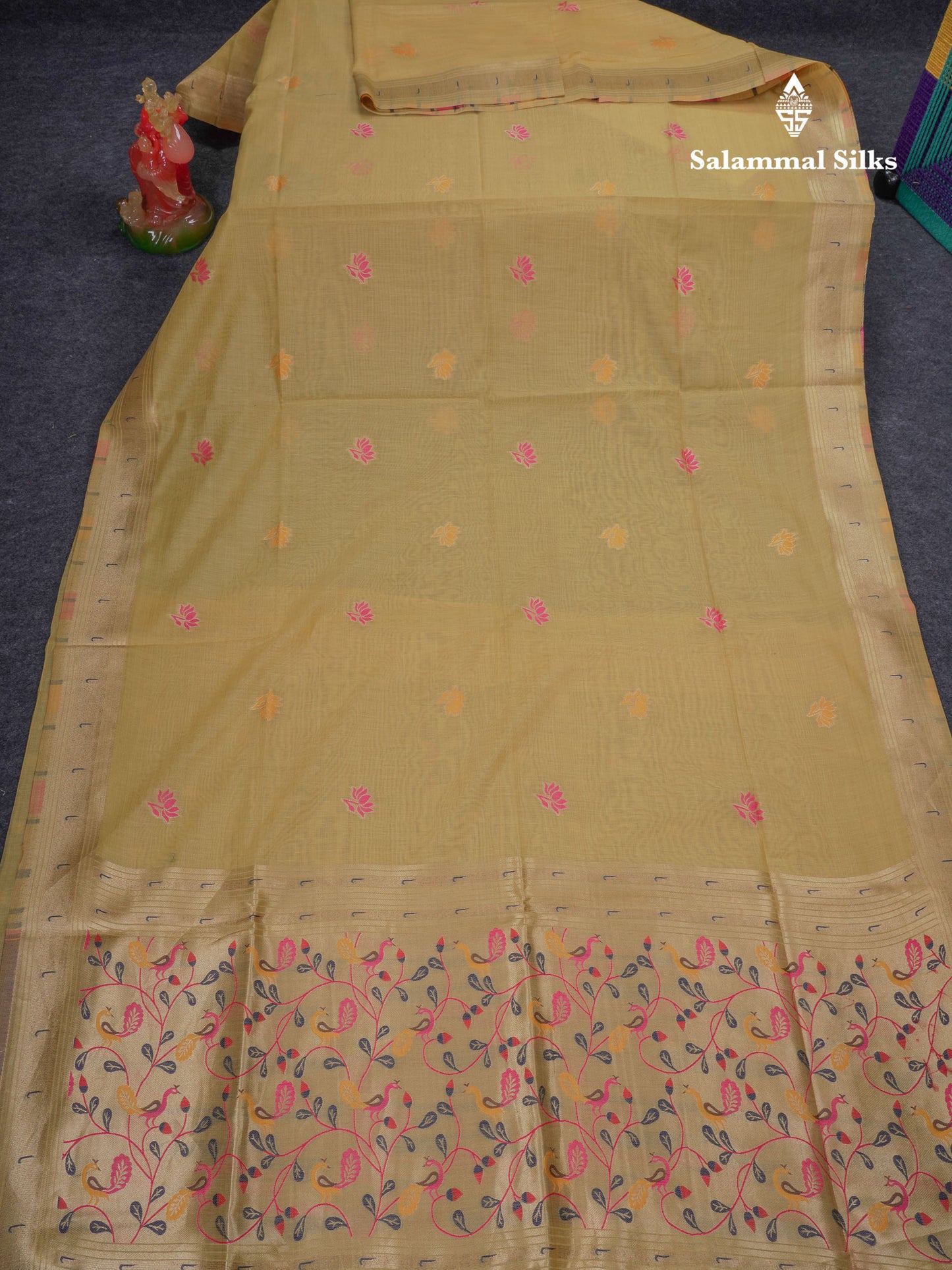 Beautiful Pista Green Menakari Work Butta Muga Cotton Saree With Blouse