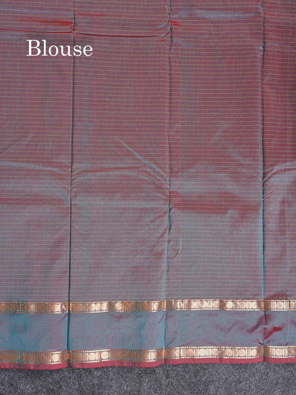 Semi Silk Saree - Orange Colour Body Zari Checks With Butta & Traditional Rettapet Border
