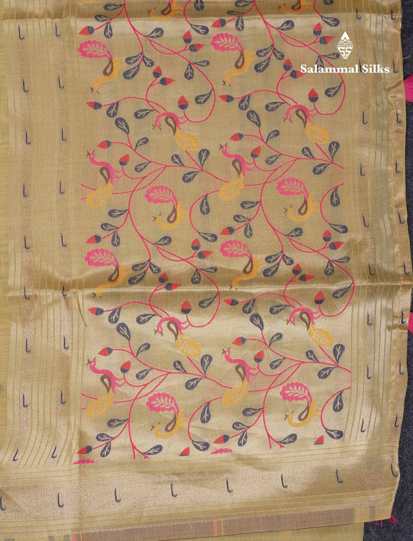 Beautiful Pista Green Menakari Work Butta Muga Cotton Saree With Blouse