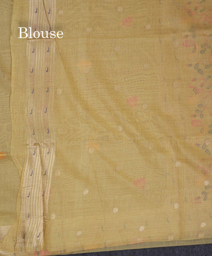 Beautiful Pista Green Menakari Work Butta Muga Cotton Saree With Blouse