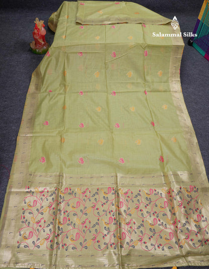 Beautiful Pista Green Menakari Work Butta Muga Cotton Saree With Blouse