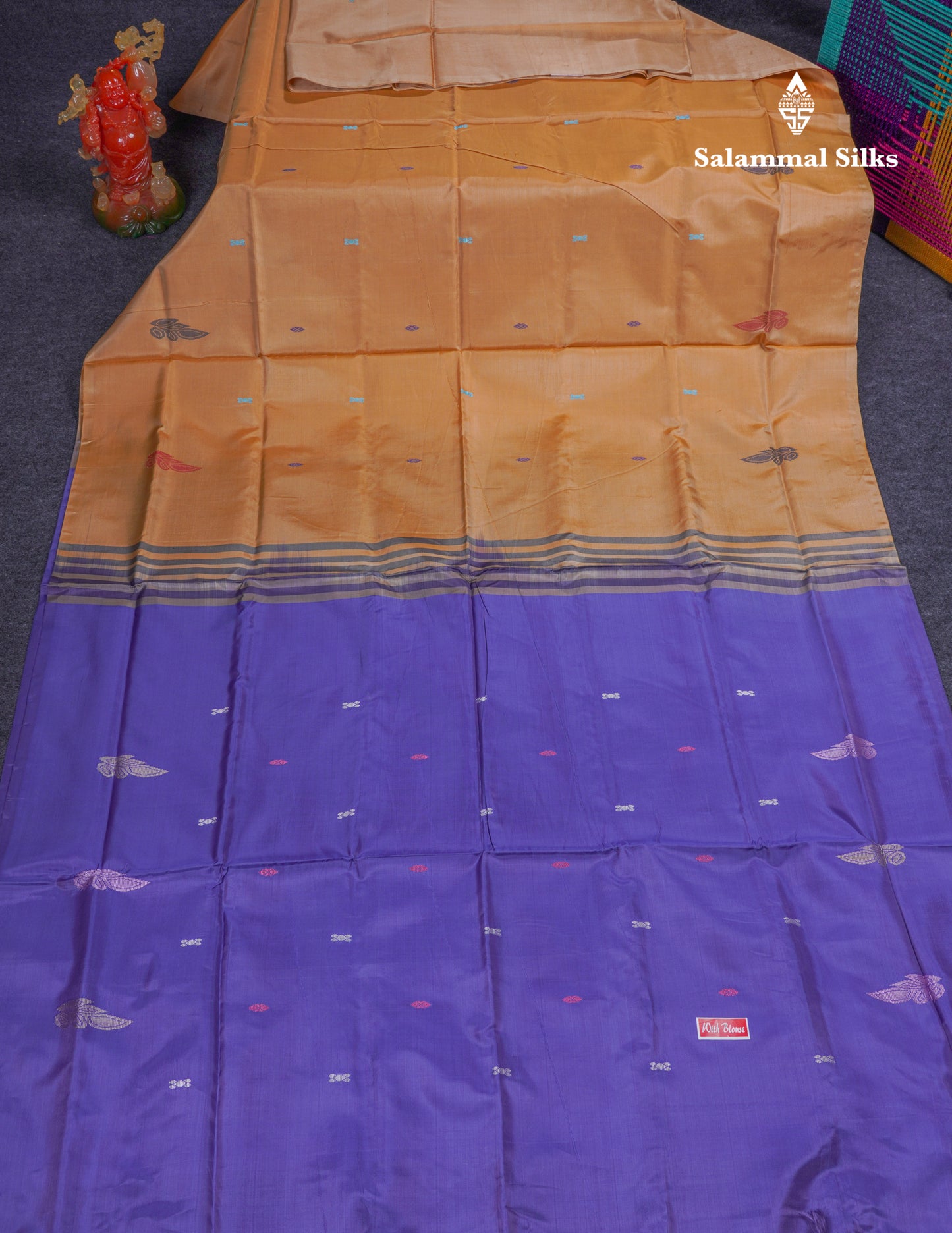 Sandal Thread work Buttas Banana Pinth Saree (Vaazhainaar Pattu) With Contrast Violet Blouse