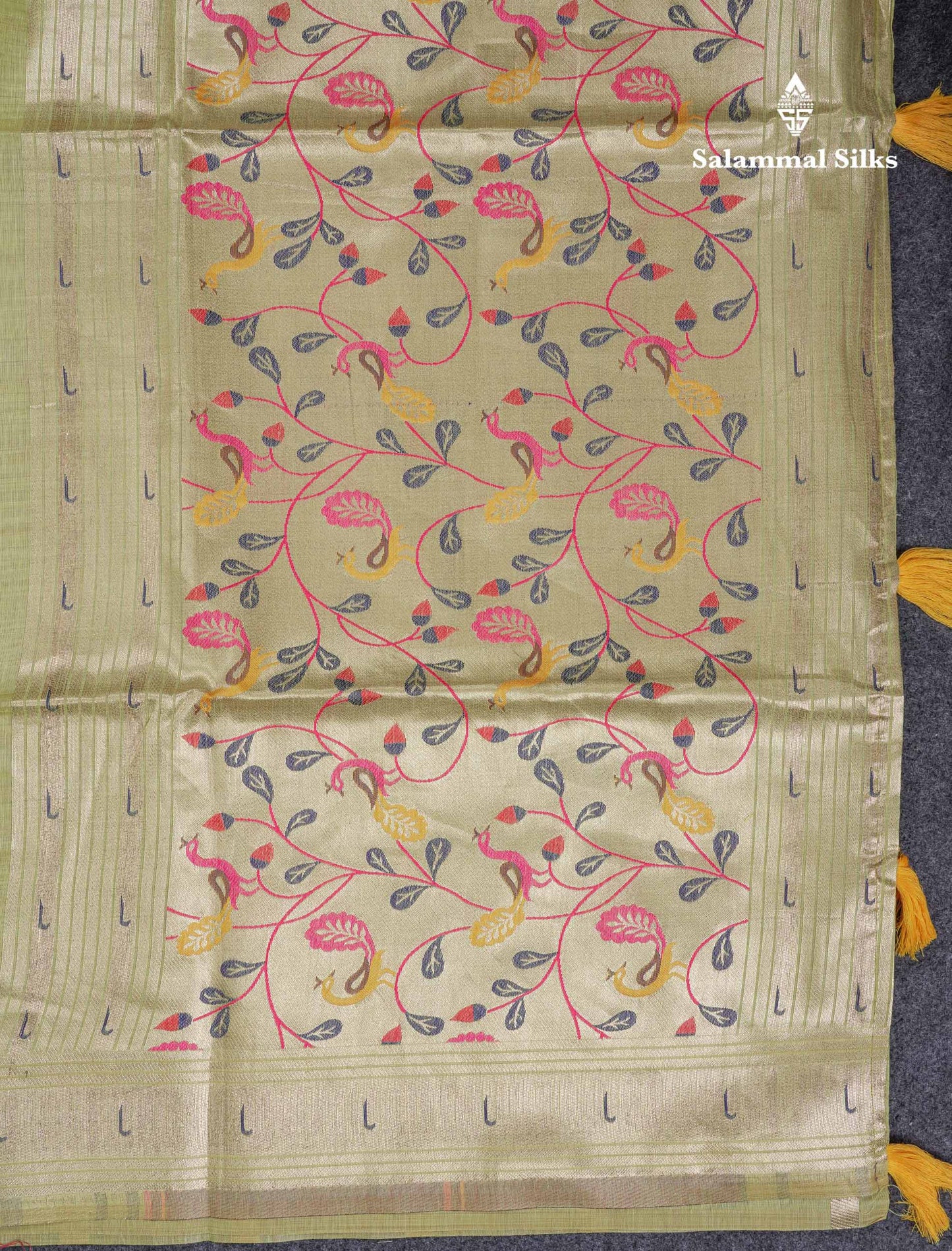 Beautiful Pista Green Menakari Work Butta Muga Cotton Saree With Blouse