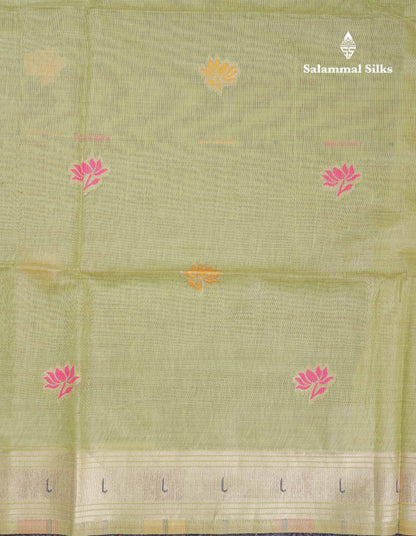 Beautiful Pista Green Menakari Work Butta Muga Cotton Saree With Blouse