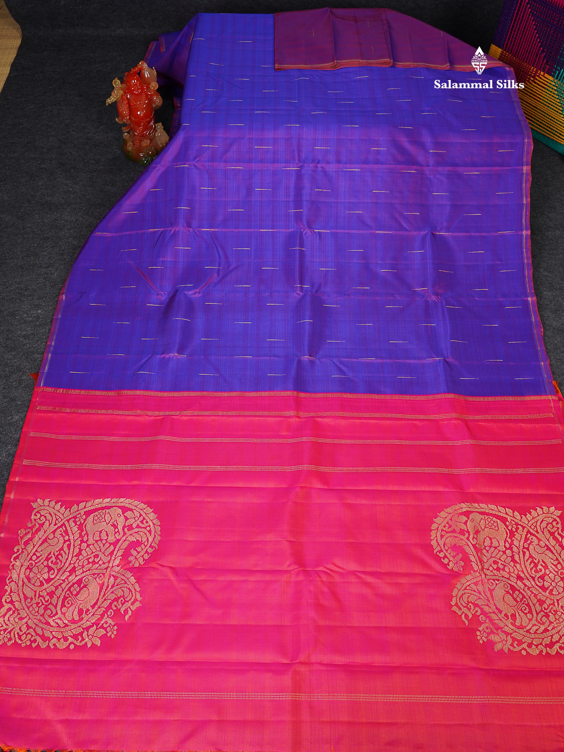 Pure Zari Kanjivaram Silk Saree - Dual Tone Royal Blue Purple Colour Body With Contrast Pink Blouse