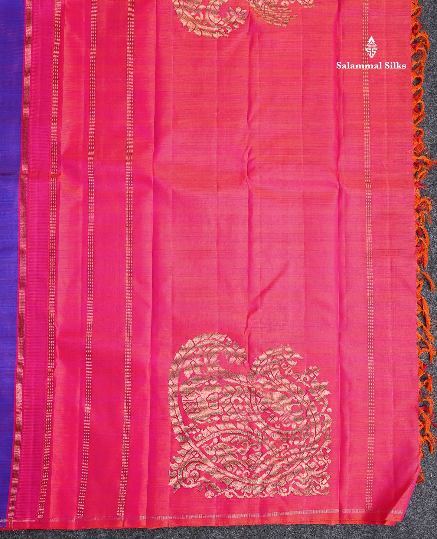 Pure Zari Kanjivaram Silk Saree - Dual Tone Royal Blue Purple Colour Body Malli Moggu Butta With Contrast Pink Blouse