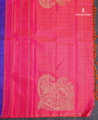 Pure Zari Kanjivaram Silk Saree - Dual Tone Royal Blue Purple Colour Body Malli Moggu Butta With Contrast Pink Blouse