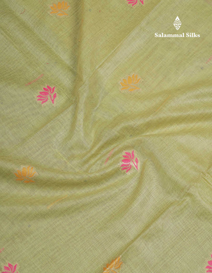 Beautiful Pista Green Menakari Work Butta Muga Cotton Saree With Blouse