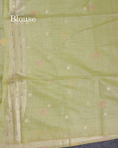 Beautiful Pista Green Menakari Work Butta Muga Cotton Saree With Blouse