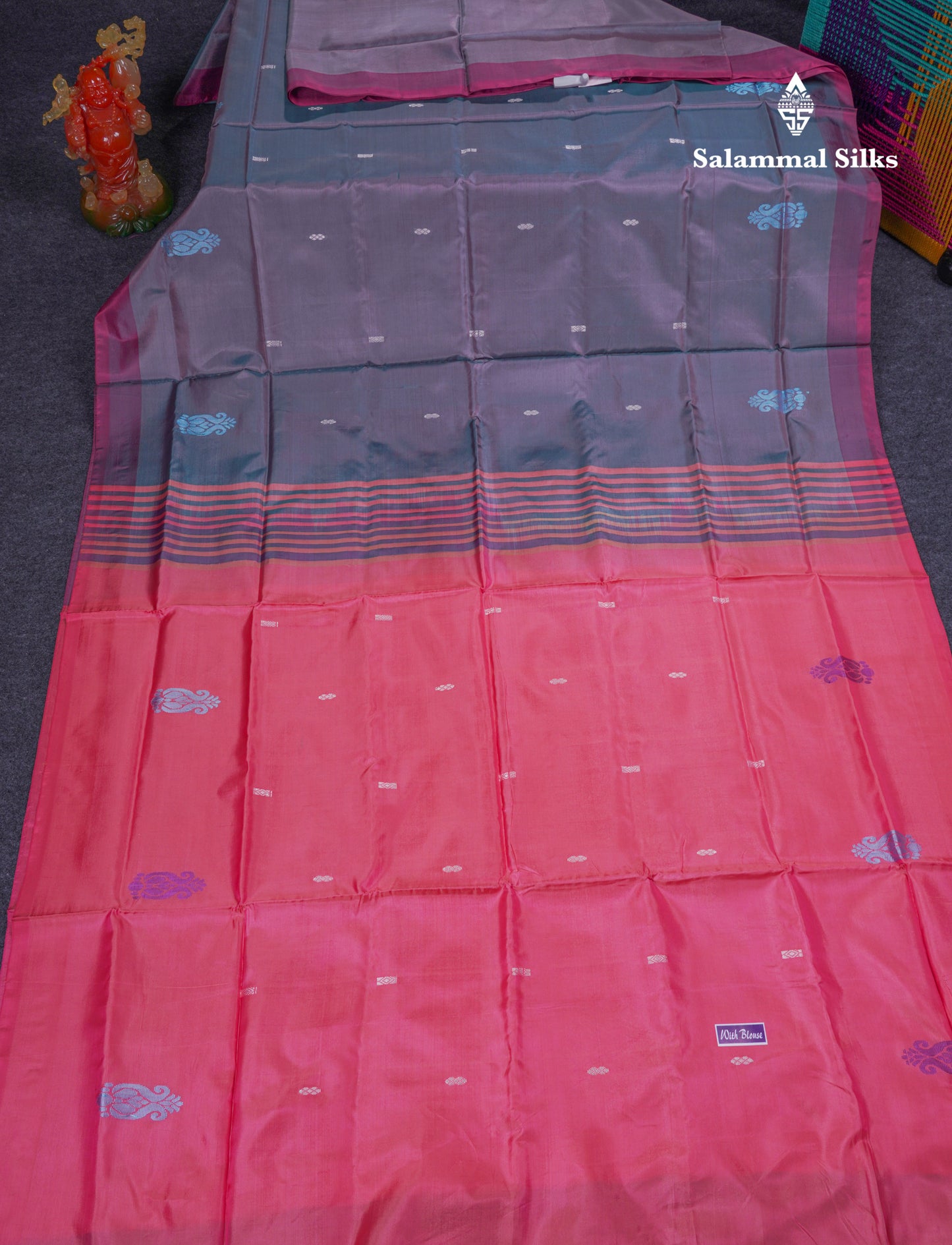 Dual Tone Blue Thread work Buttas Banana Pinth Saree (Vaazhainaar Pattu) With Contrast Pink Blouse