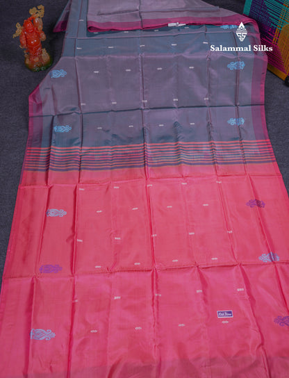 Dual Tone Blue Thread work Buttas Banana Pinth Saree (Vaazhainaar Pattu) With Contrast Pink Blouse
