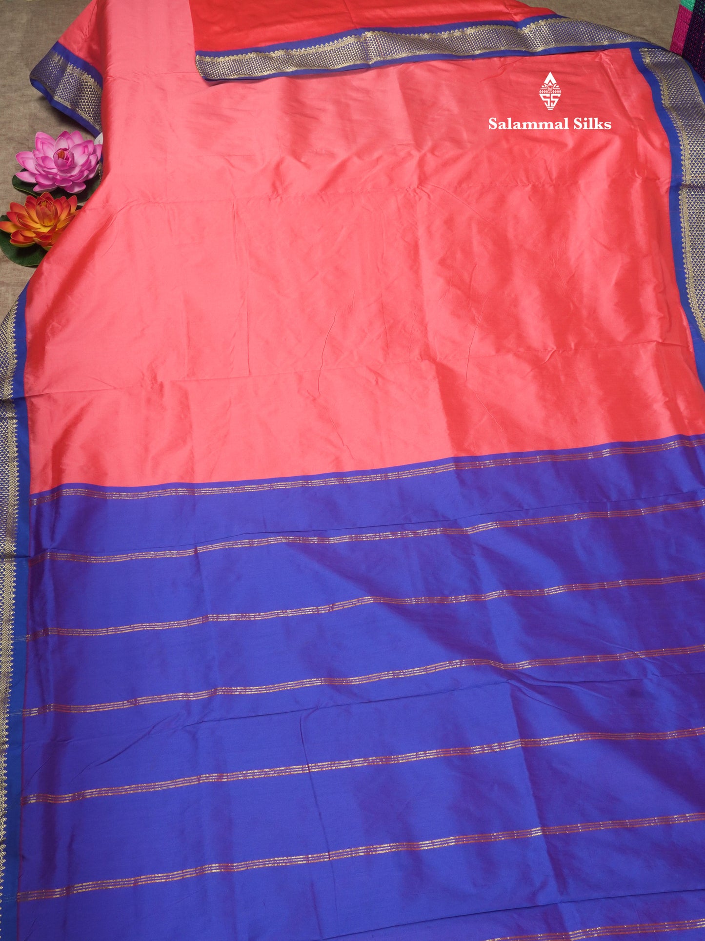 9.5 Yards Semi Silk Saree Rust Orange with Contrast Royal Blue Border