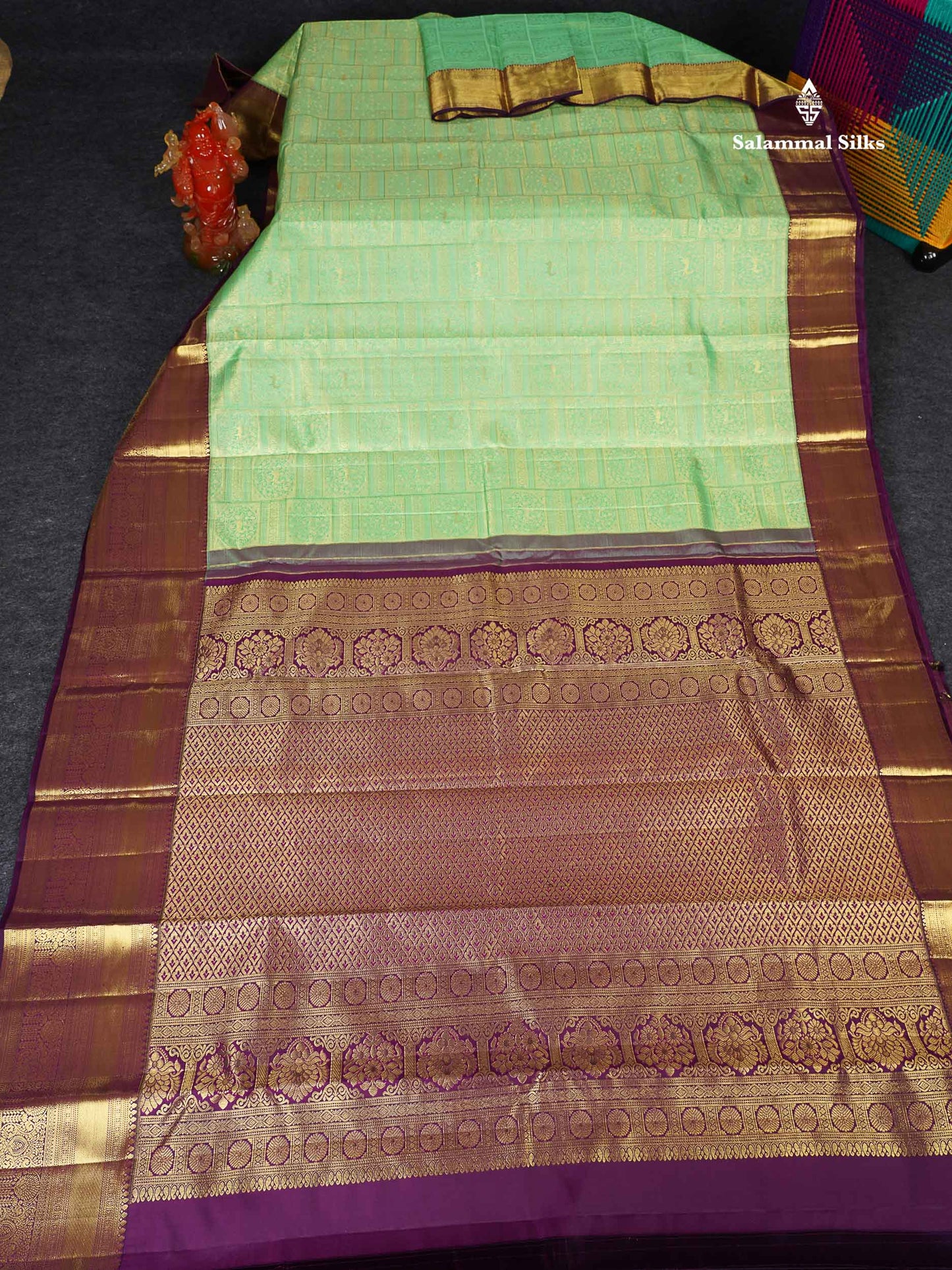 Bridal Pure Mix Silk Saree - Light Pista Green Colour Body With Contrast Dark Purple Traditional Evening Morning Border