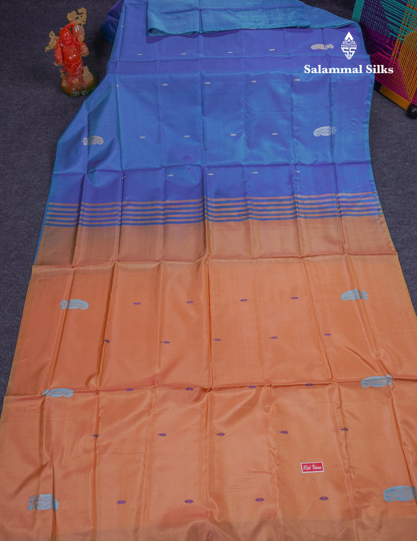 Sky Blue Thread work Buttas Banana Pinth Saree (Vaazhainaar Pattu) With Contrast Peach Blouse