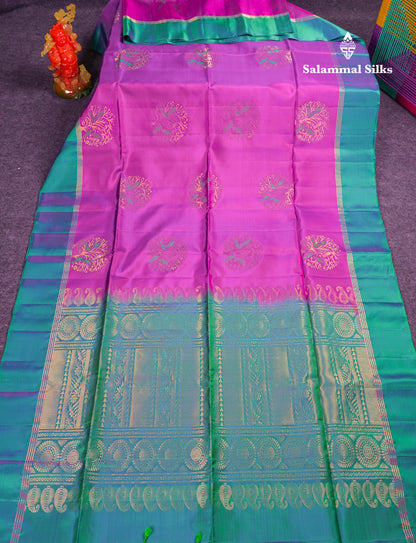 Beautiful Purple PureMix Kanjivaram Soft Silk Saree With Contrast Dual Tone Peacock Green Fancy Border