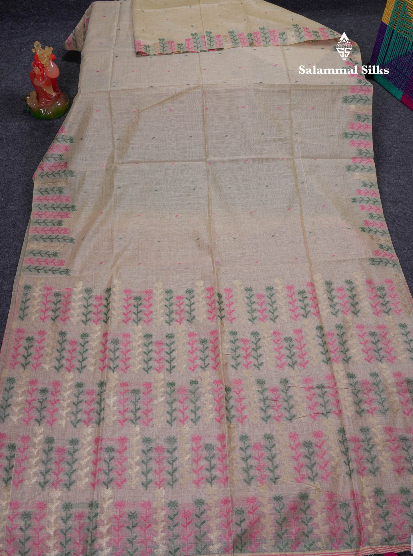 Beautiful Light Yellow Menakari Thread Work Butta Muga Cotton Saree With Contrast Pink Blouse