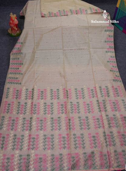 Beautiful Light Yellow Menakari Thread Work Butta Muga Cotton Saree With Contrast Pink Blouse