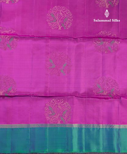 Beautiful Purple PureMix Kanjivaram Soft Silk Saree With Contrast Dual Tone Peacock Green Fancy Border