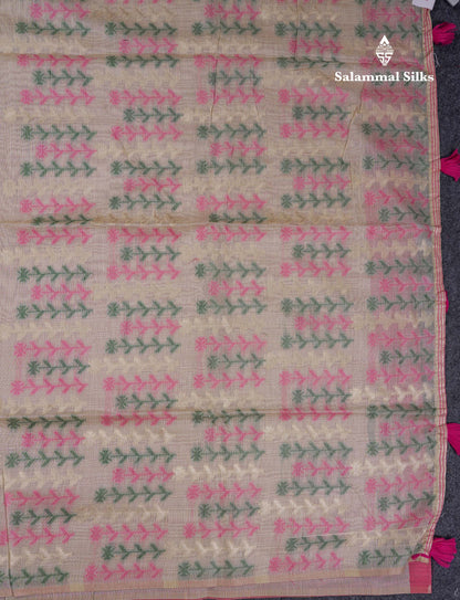 Beautiful Light Yellow Menakari Thread Work Butta Muga Cotton Saree With Contrast Pink Blouse