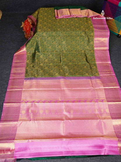 Korvai Bridal Pure Kanjivaram Silk Saree - Bottle Green Colour Body With Light Pink Traditional Border