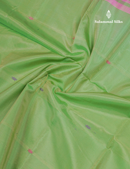 Parrot Green Thread work Buttas Banana Pinth Saree (Vaazhainaar Pattu) With Contrast Light Pink Blouse