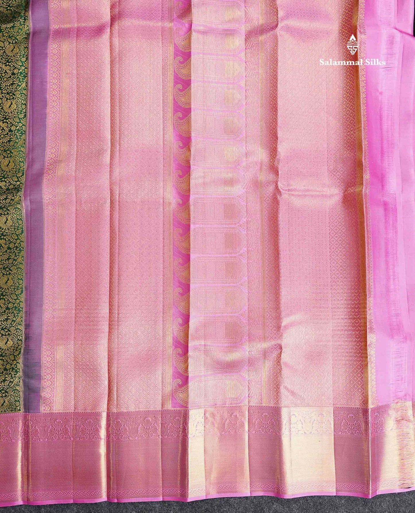 Korvai Bridal Pure Kanjivaram Silk Saree - Bottle Green Colour Body With Light Pink Traditional Border