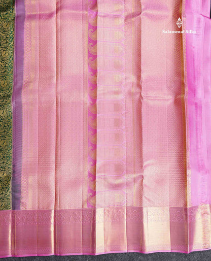 Korvai Bridal Pure Kanjivaram Silk Saree - Bottle Green Colour Body With Light Pink Traditional Border