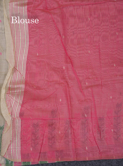 Beautiful Light Yellow Menakari Thread Work Butta Muga Cotton Saree With Contrast Pink Blouse