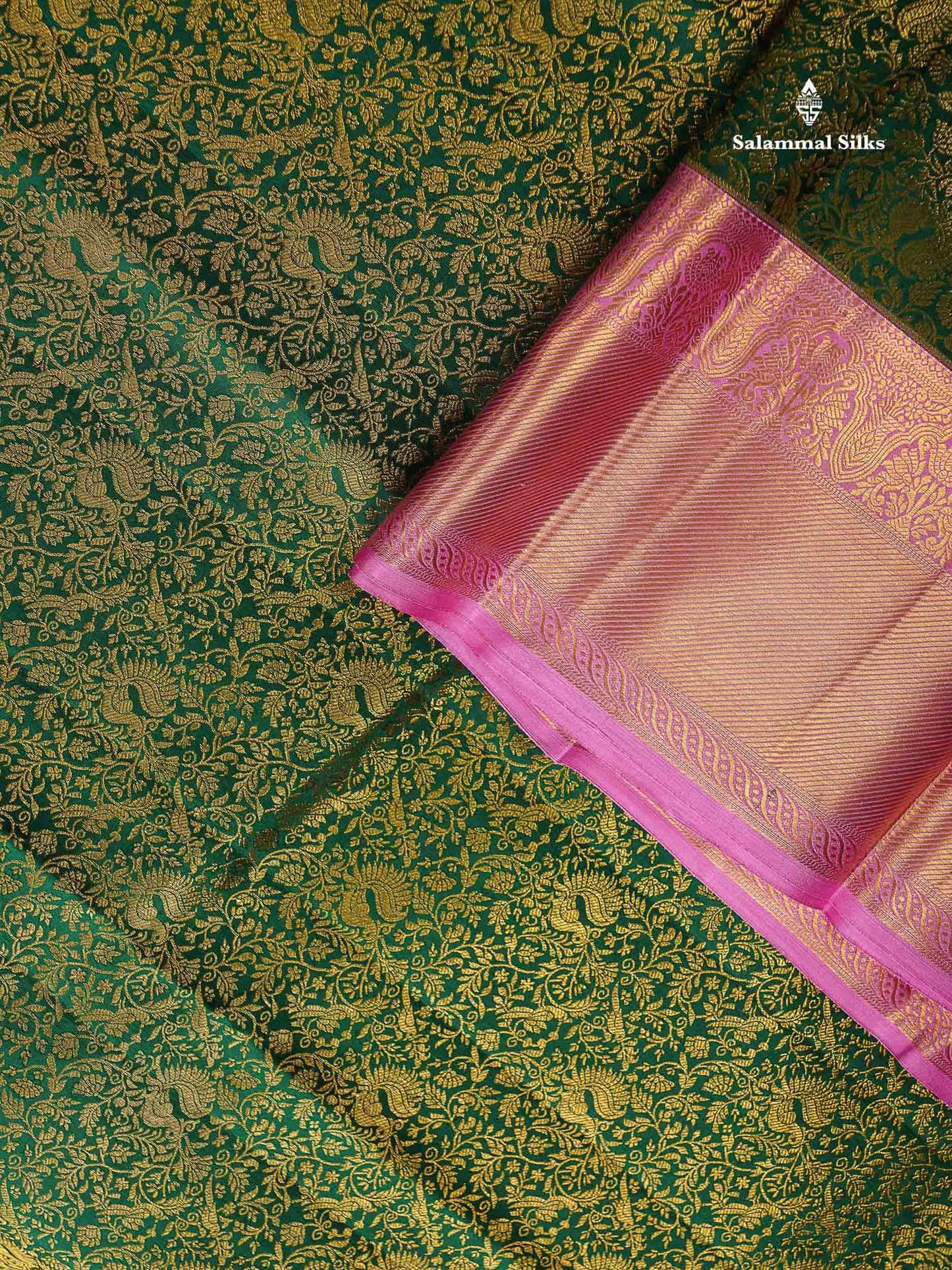 Korvai Bridal Pure Kanjivaram Silk Saree - Bottle Green Colour Body With Light Pink Traditional Border