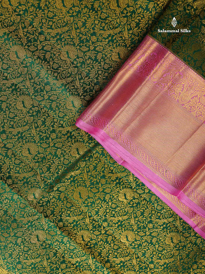 Korvai Bridal Pure Kanjivaram Silk Saree - Bottle Green Colour Body With Light Pink Traditional Border