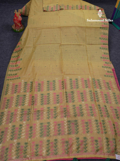 Beautiful Light Yellow Menakari Thread Work Butta Muga Cotton Saree With Contrast Pink Blouse
