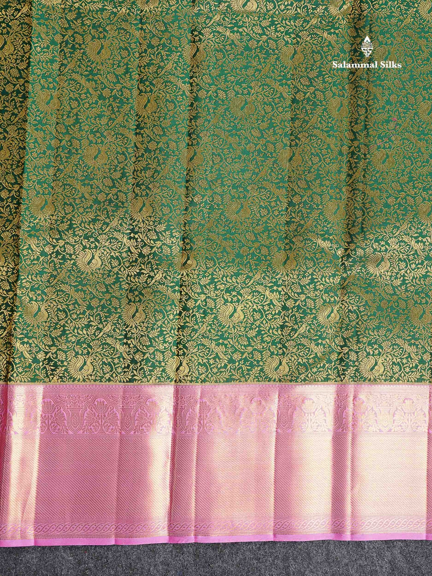 Korvai Bridal Pure Kanjivaram Silk Saree - Bottle Green Colour Body With Light Pink Traditional Border