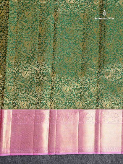 Korvai Bridal Pure Kanjivaram Silk Saree - Bottle Green Colour Body With Light Pink Traditional Border
