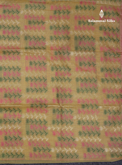 Beautiful Light Yellow Menakari Thread Work Butta Muga Cotton Saree With Contrast Pink Blouse