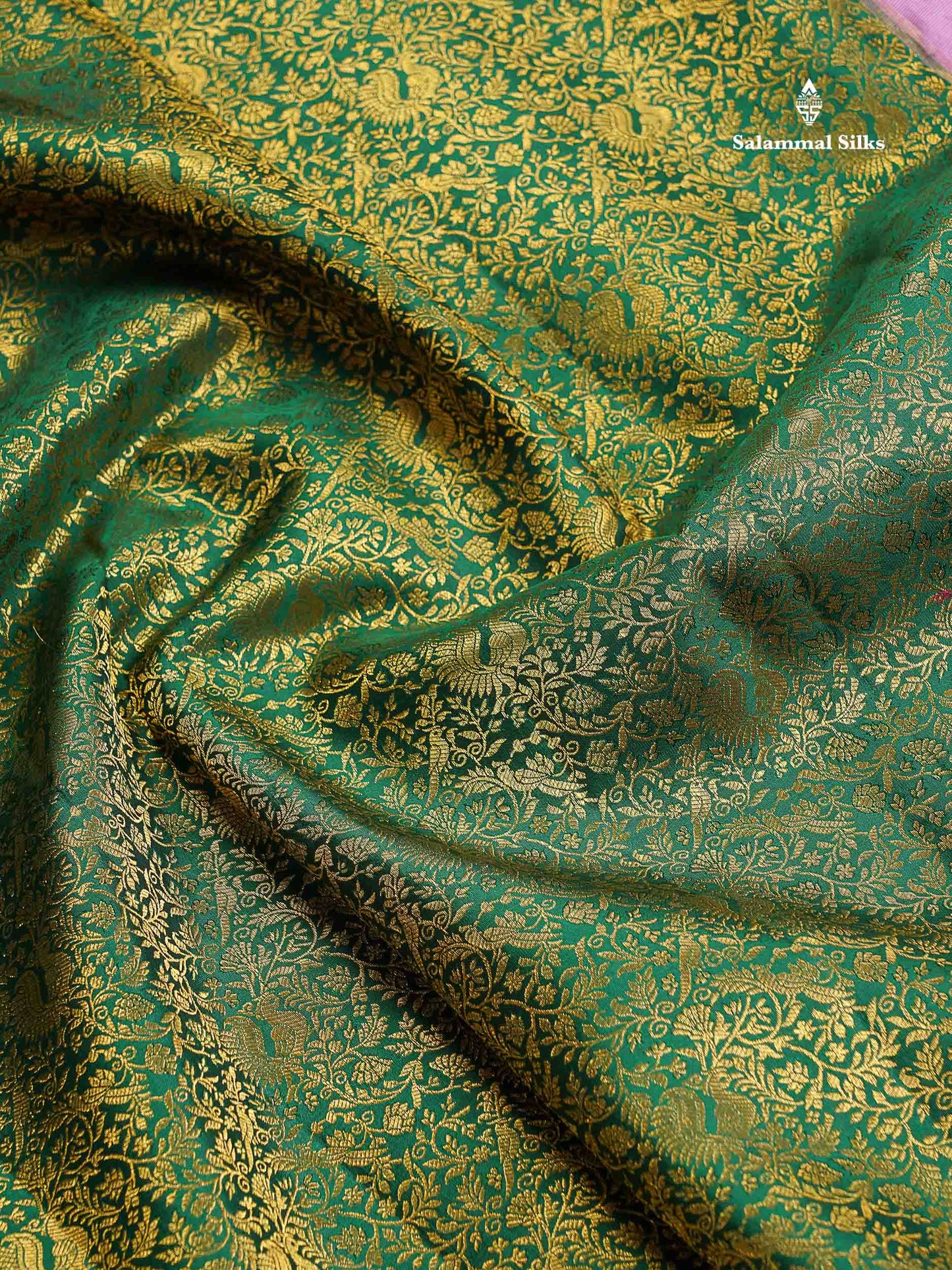 Korvai Bridal Pure Kanjivaram Silk Saree - Bottle Green Colour Body With Light Pink Traditional Border