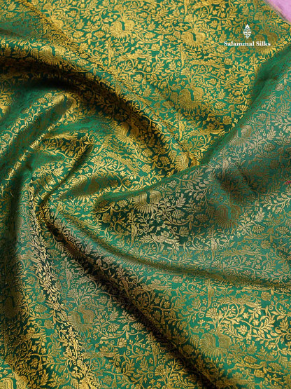 Korvai Bridal Pure Kanjivaram Silk Saree - Bottle Green Colour Body With Light Pink Traditional Border