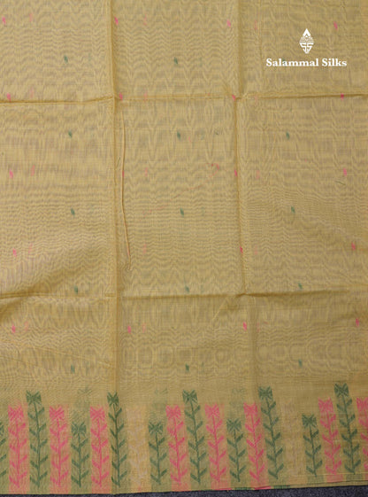 Beautiful Light Yellow Menakari Thread Work Butta Muga Cotton Saree With Contrast Pink Blouse