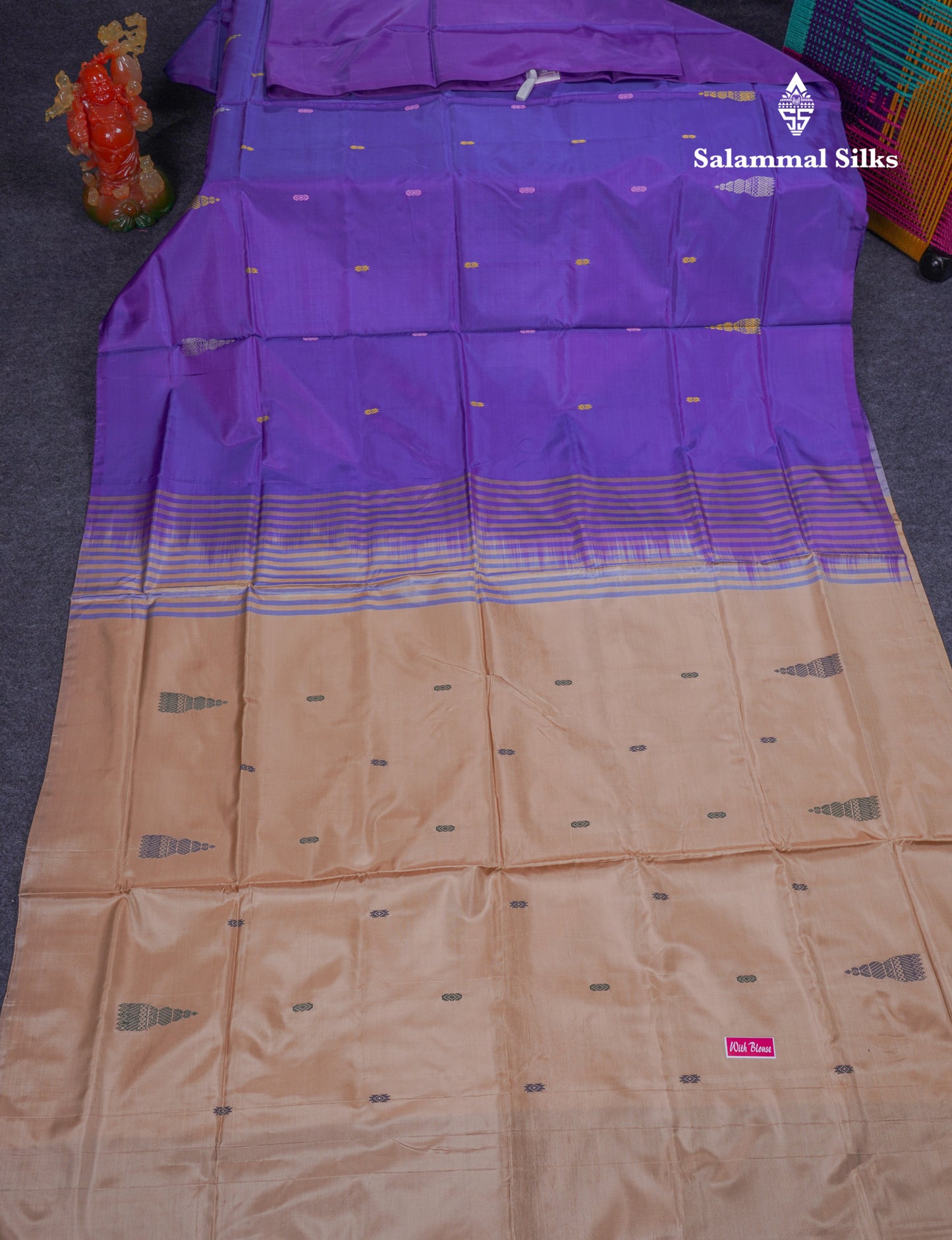 Dual Tone Purple Thread work Buttas Banana Pinth Saree (Vaazhainaar Pattu) With Contrast Light Chocolate Blouse