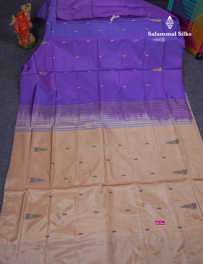 Dual Tone Purple Thread work Buttas Banana Pinth Saree (Vaazhainaar Pattu) With Contrast Light Chocolate Blouse