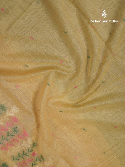 Beautiful Light Yellow Menakari Thread Work Butta Muga Cotton Saree With Contrast Pink Blouse