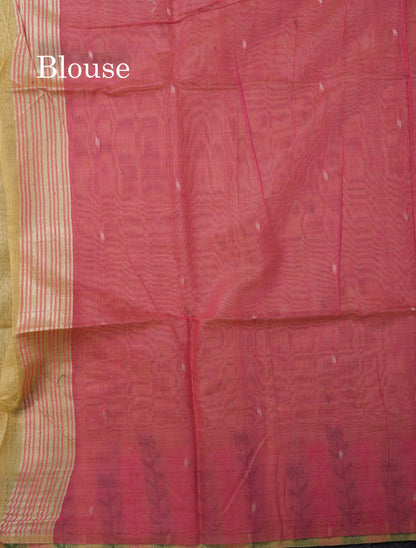 Beautiful Light Yellow Menakari Thread Work Butta Muga Cotton Saree With Contrast Pink Blouse
