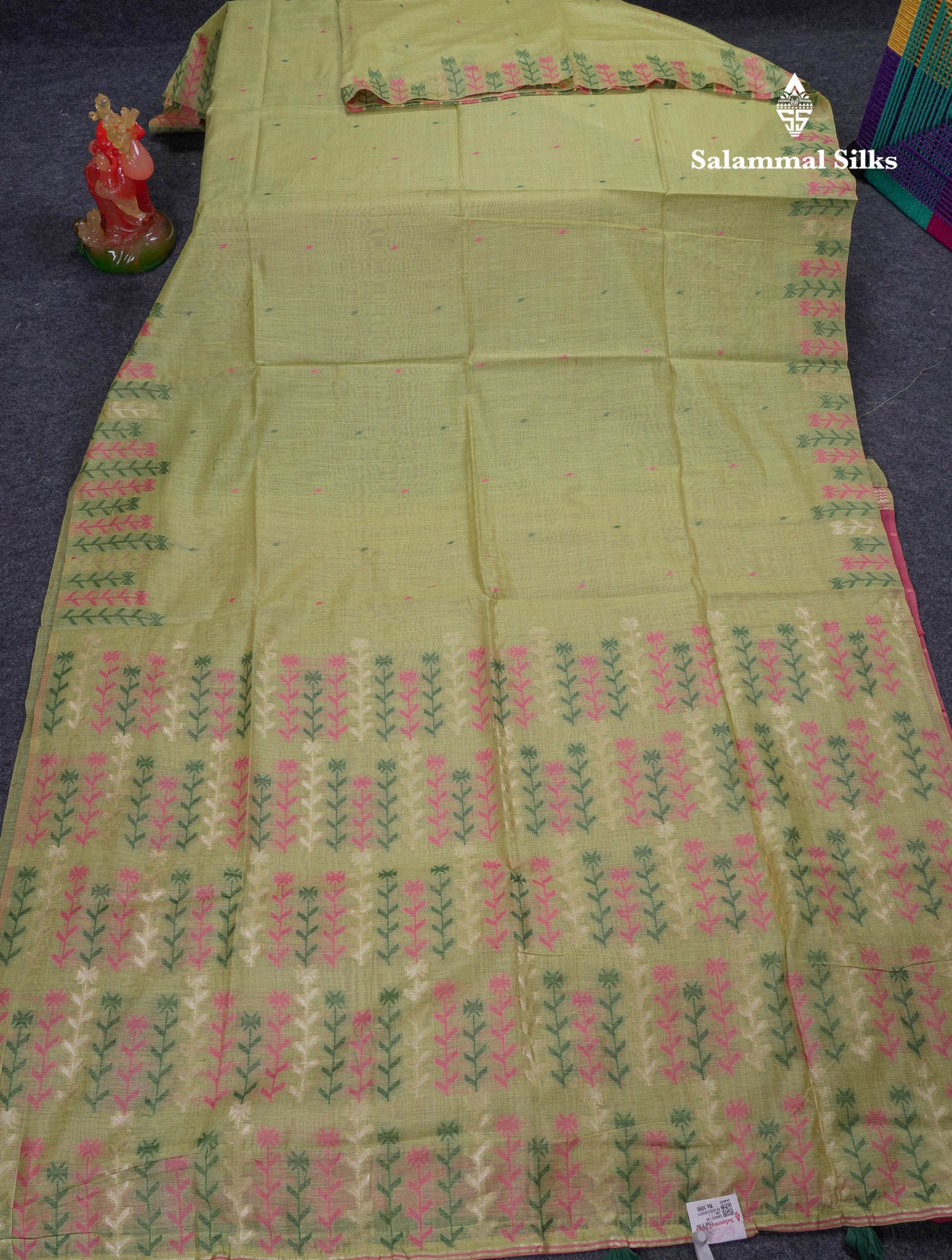 Beautiful Light Yellow Menakari Thread Work Butta Muga Cotton Saree With Contrast Pink Blouse