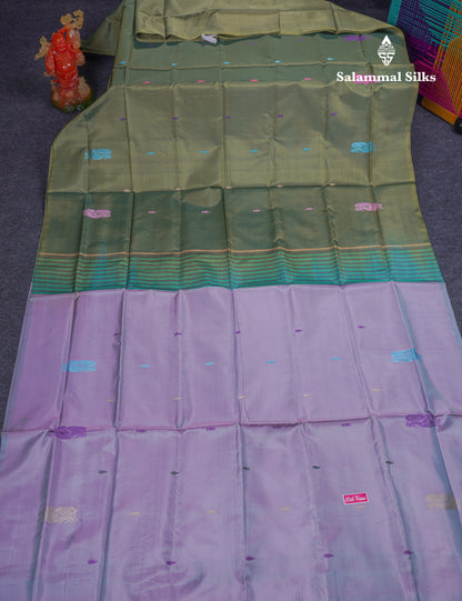 Olive Green Thread work Buttas Banana Pinth Saree (Vaazhainaar Pattu) With Contrast Light Lavender Blouse