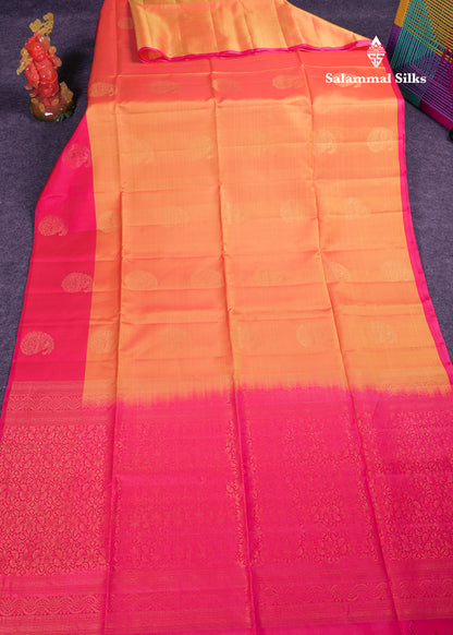 Beautiful Orange PureMix Kanjivaram Soft Silk Saree With Contrast Pink Fancy Border