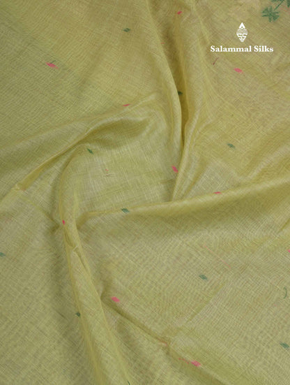 Beautiful Light Yellow Menakari Thread Work Butta Muga Cotton Saree With Contrast Pink Blouse